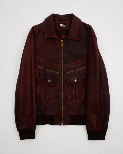 2000's Dolce & Gabbana Leather Bomber Jacket Brown