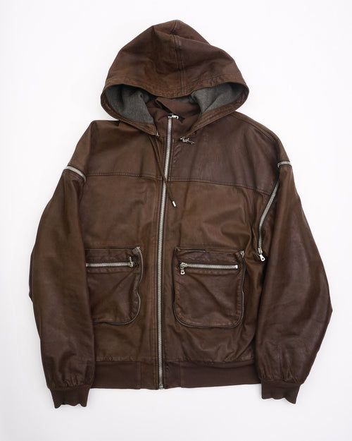 2000's Dolce &amp; Gabbana Hooded Zip Leather Jacket Brown